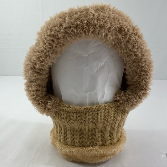 Cozy Women’s One Piece Scarf & Mask Tan Knit Pom-Pom Hat - Picture 3 of 14